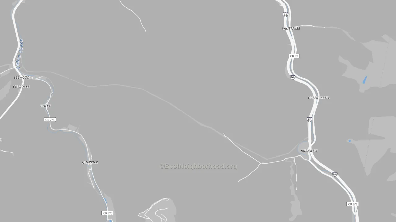 Walk Grade map of Burnwell, WV, walkable areas in green and car-dependent areas in red