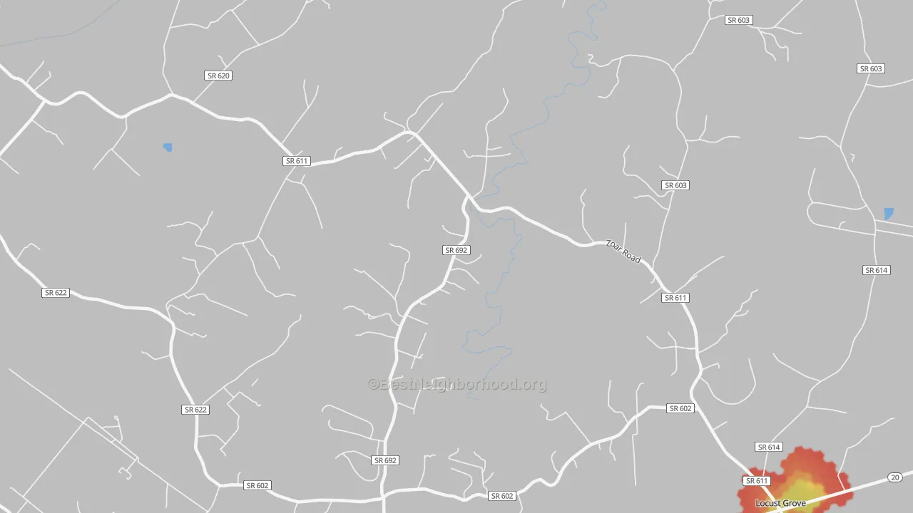 Walk Grade map of Burr Hill, VA, walkable areas in green and car-dependent areas in red