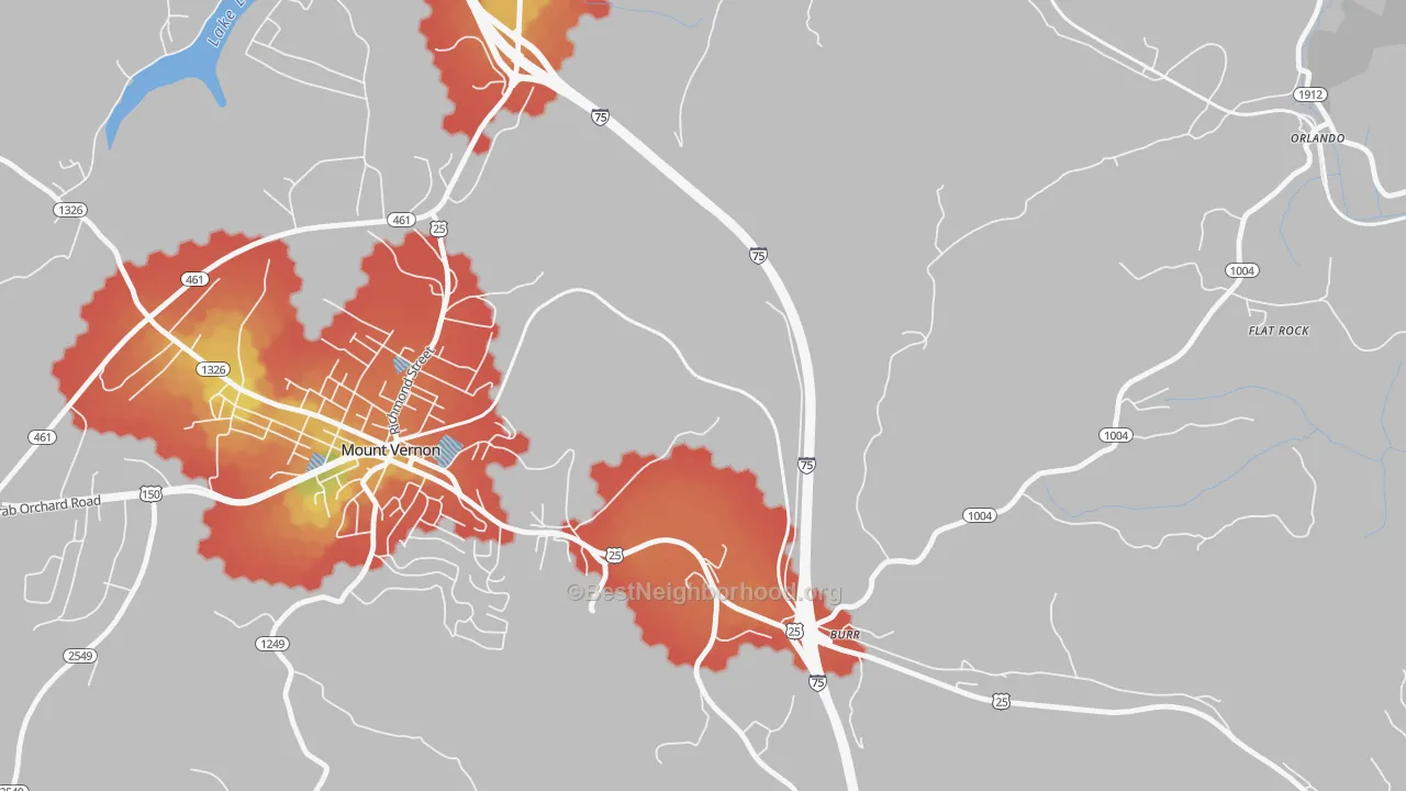 Walk Grade map of Burr, KY, walkable areas in green and car-dependent areas in red
