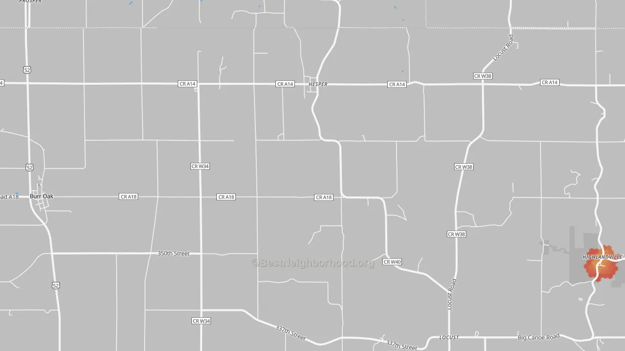 Walk Grade map of Burr Oak, IA, walkable areas in green and car-dependent areas in red