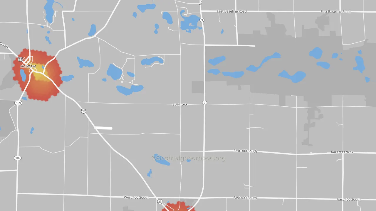 Walk Grade map of Burr Oak, IN, walkable areas in green and car-dependent areas in red
