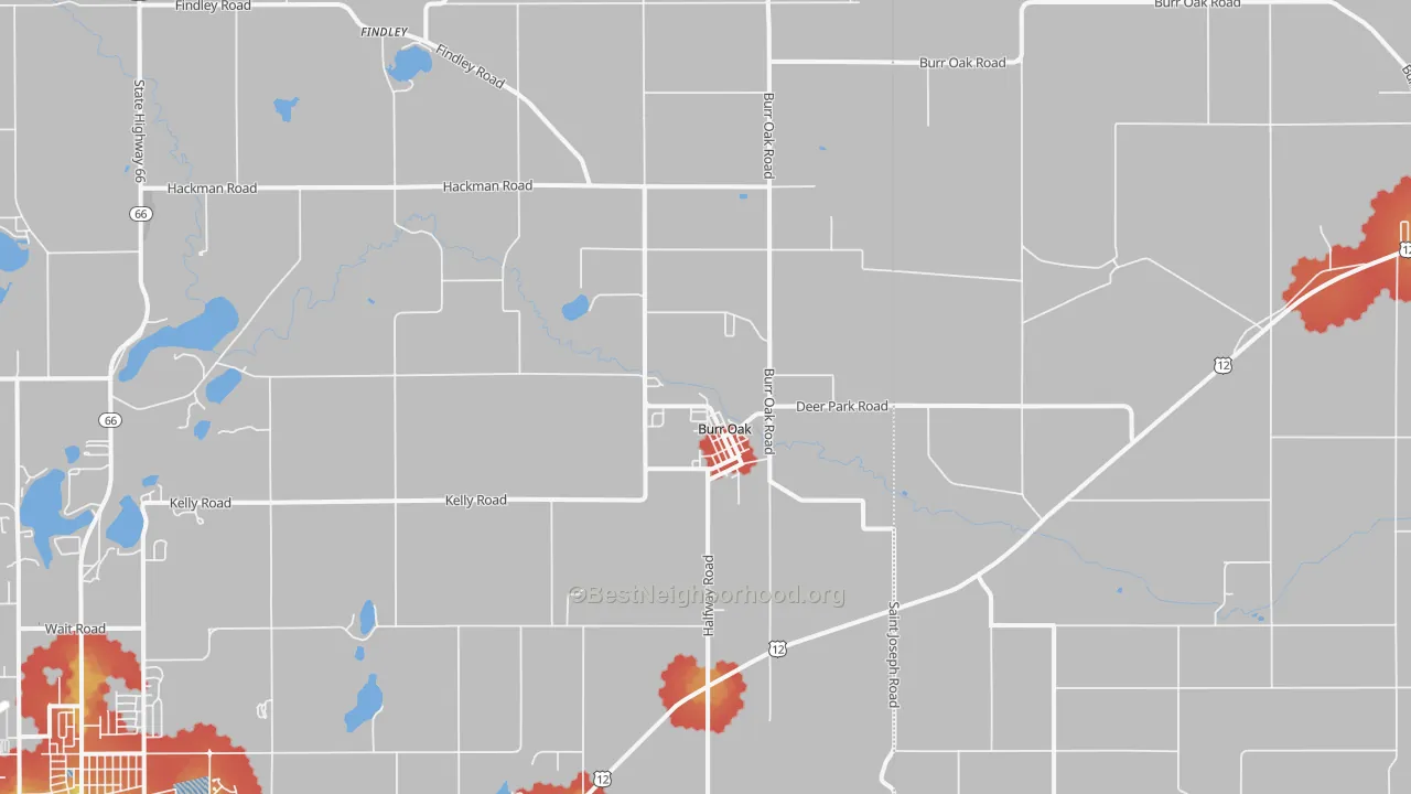 Walk Grade map of Burr Oak, MI, walkable areas in green and car-dependent areas in red