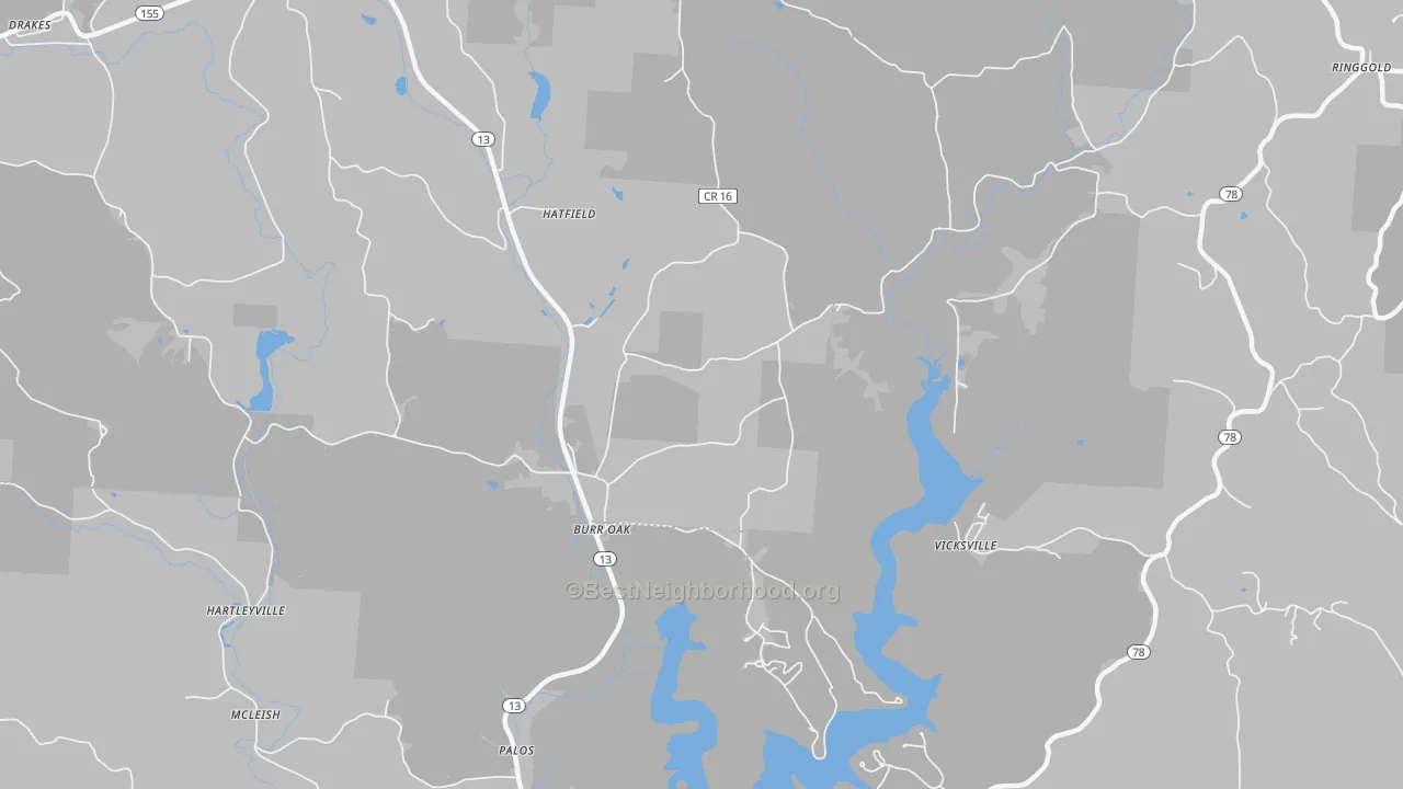 Walk Grade map of Burr Oak, OH, walkable areas in green and car-dependent areas in red