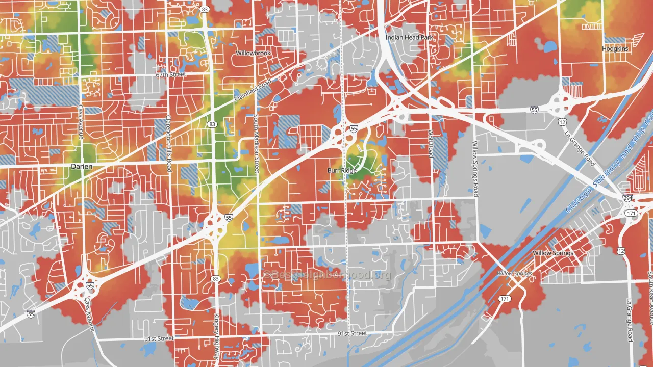 Walk Grade map of Burr Ridge, IL, walkable areas in green and car-dependent areas in red