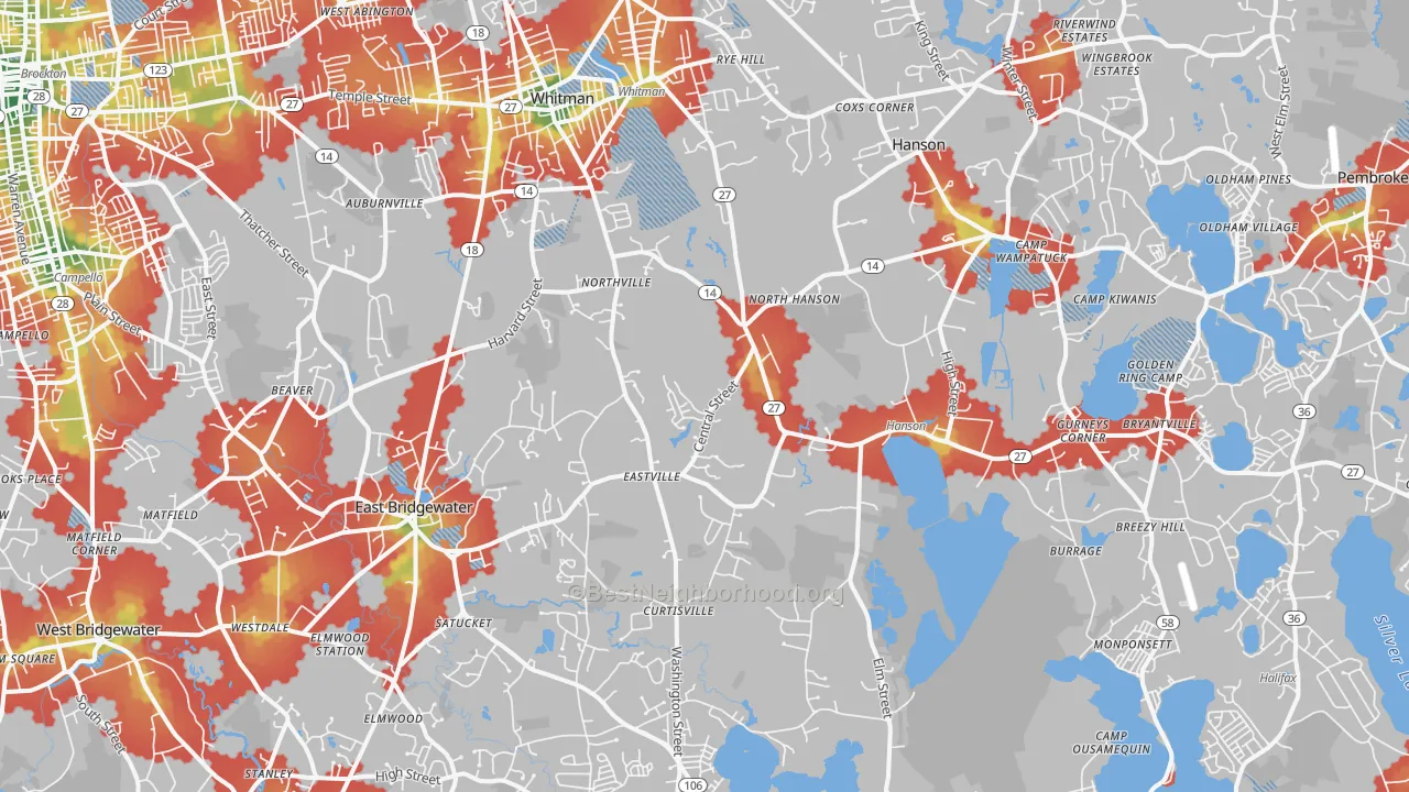 Walk Grade map of Burrage, Hanson, MA, walkable areas in green and car-dependent areas in red