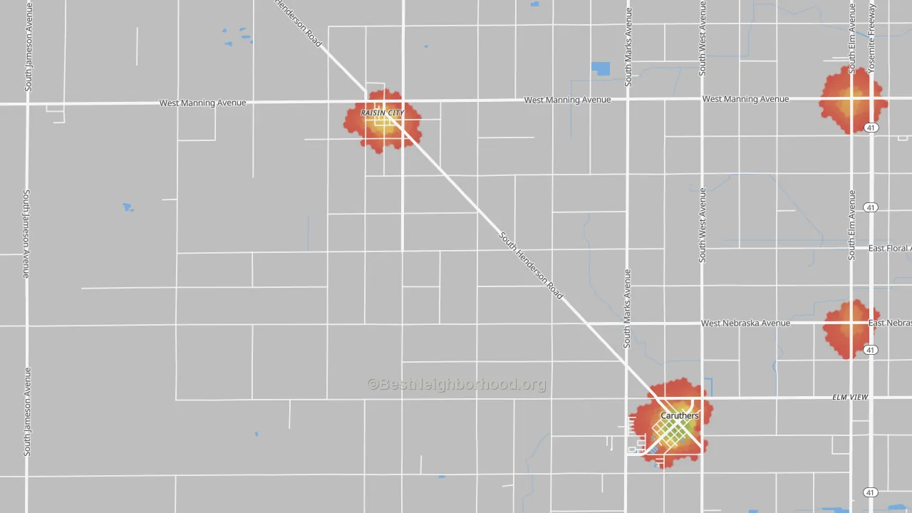 Walk Grade map of Burrel, CA, walkable areas in green and car-dependent areas in red