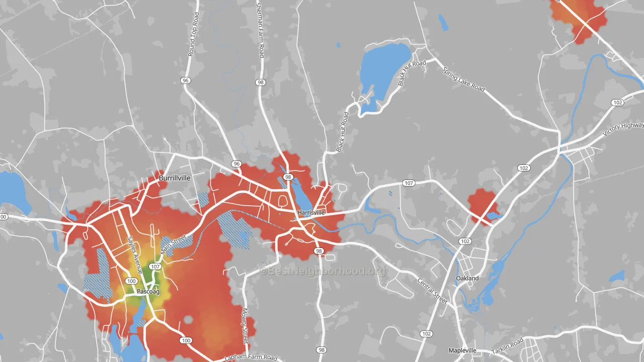 Walk Grade map of Burrillville, RI, walkable areas in green and car-dependent areas in red