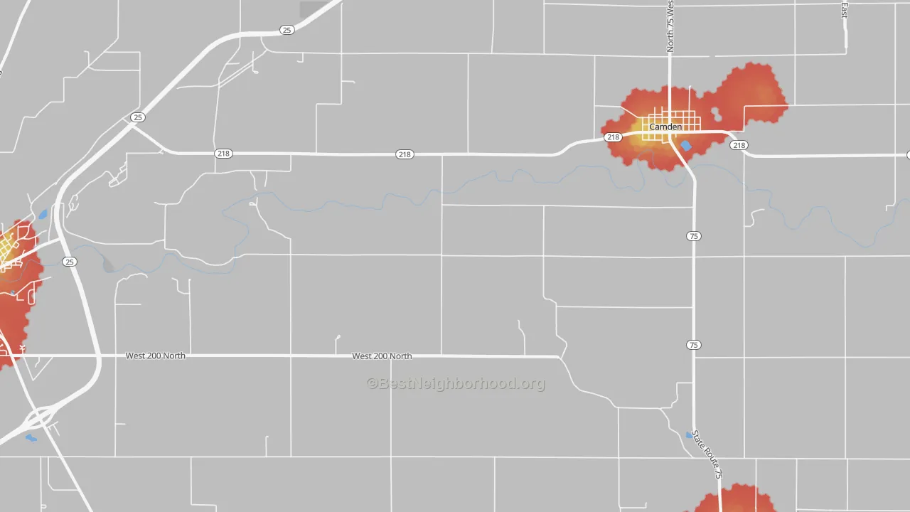 Walk Grade map of Burrows, IN, walkable areas in green and car-dependent areas in red