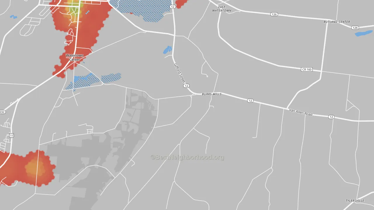 Walk Grade map of Burrs Mills, NY, walkable areas in green and car-dependent areas in red
