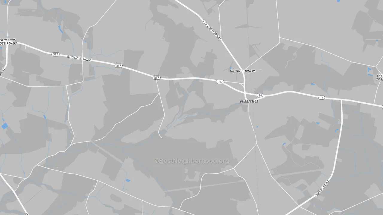 Walk Grade map of Burrsville, MD, walkable areas in green and car-dependent areas in red