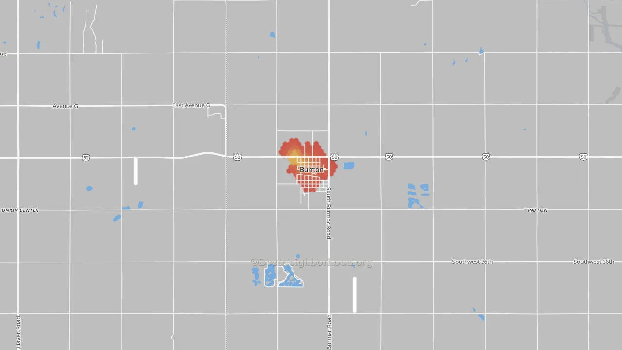 Walk Grade map of Burrton, KS, walkable areas in green and car-dependent areas in red