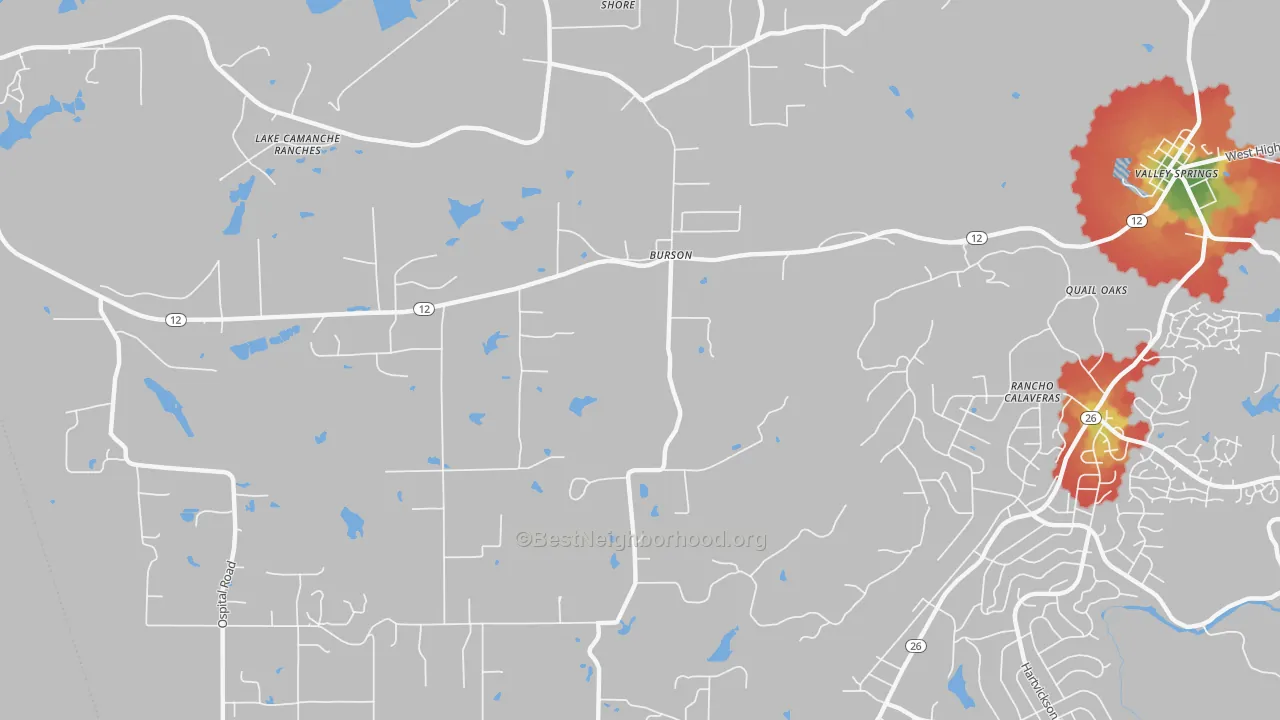 Walk Grade map of Burson, CA, walkable areas in green and car-dependent areas in red