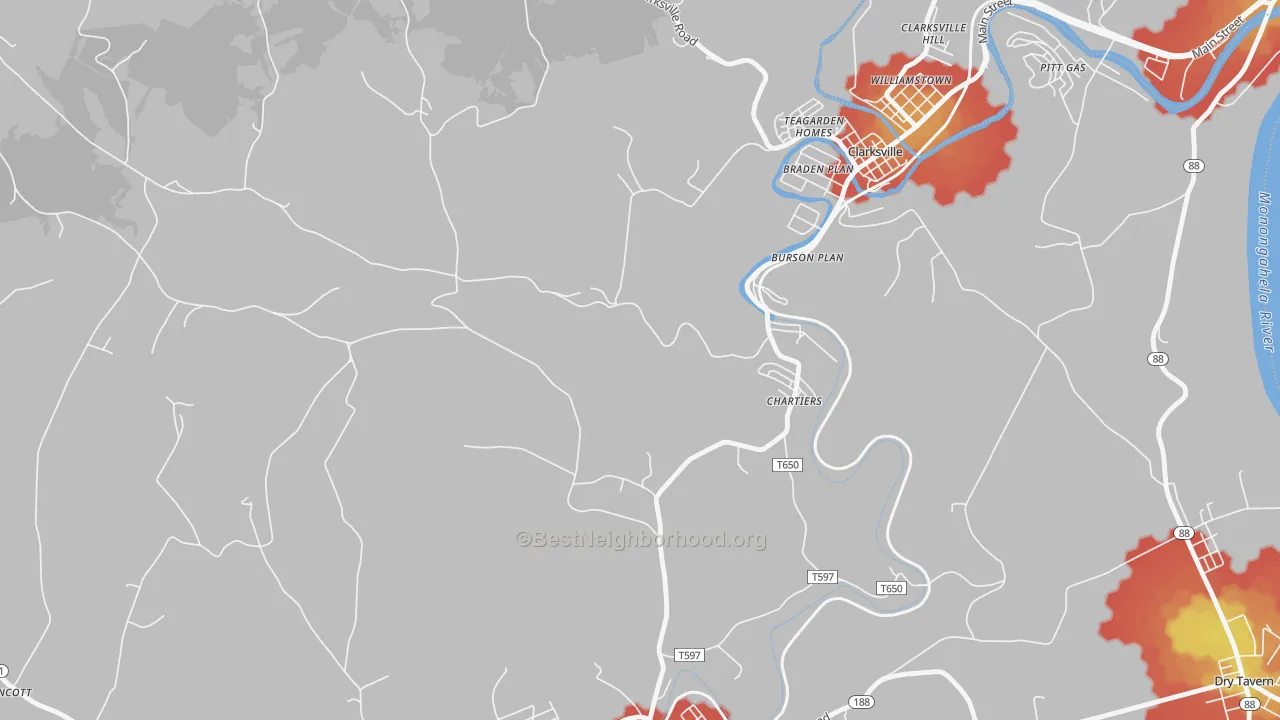 Walk Grade map of Burson Plan, PA, walkable areas in green and car-dependent areas in red