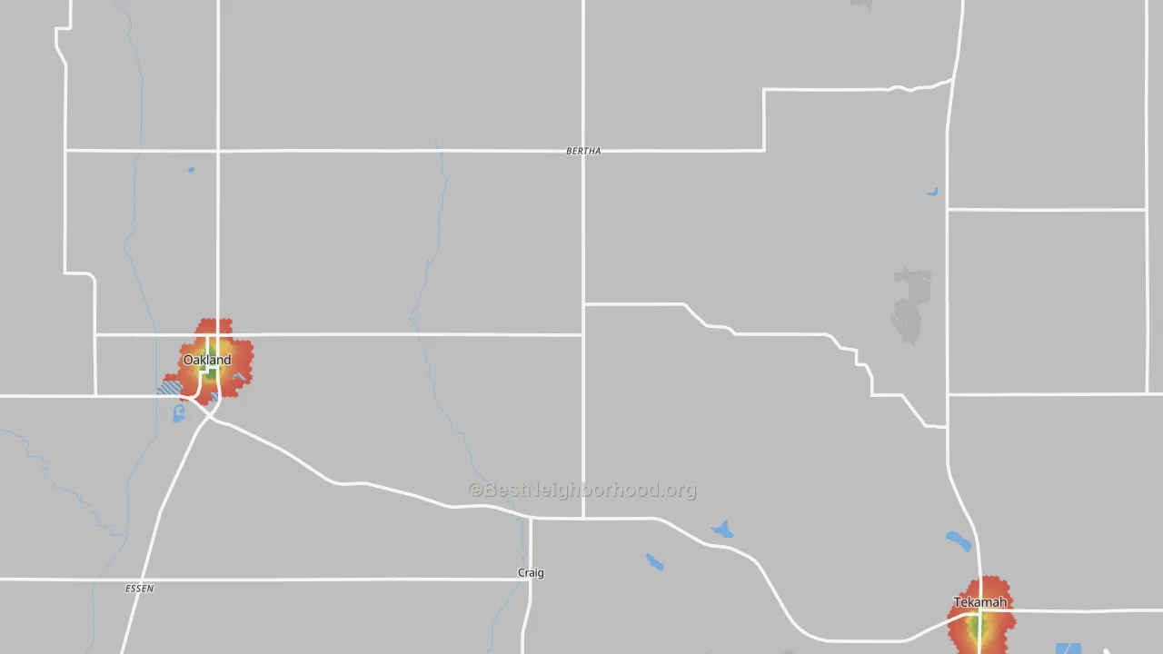 Walk Grade map of Burt County, NE, walkable areas in green and car-dependent areas in red