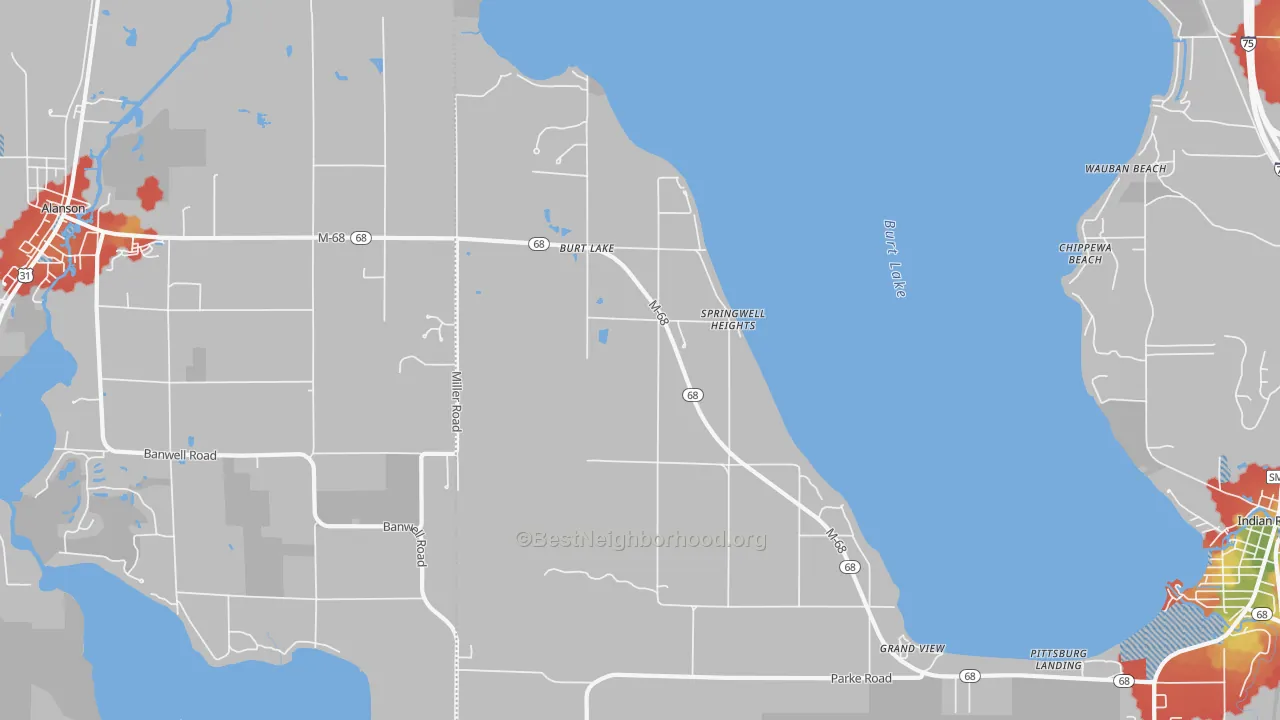 Walk Grade map of Burt Lake, MI, walkable areas in green and car-dependent areas in red