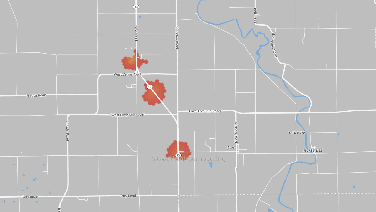 Walk Grade map of Burt, MI, walkable areas in green and car-dependent areas in red