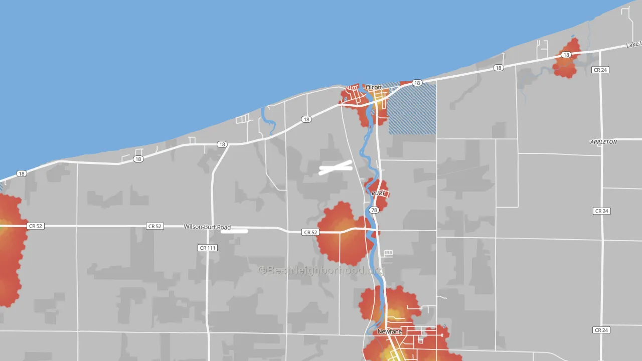 Walk Grade map of Burt, NY, walkable areas in green and car-dependent areas in red