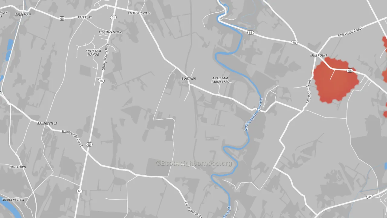 Walk Grade map of Burtner, MD, walkable areas in green and car-dependent areas in red