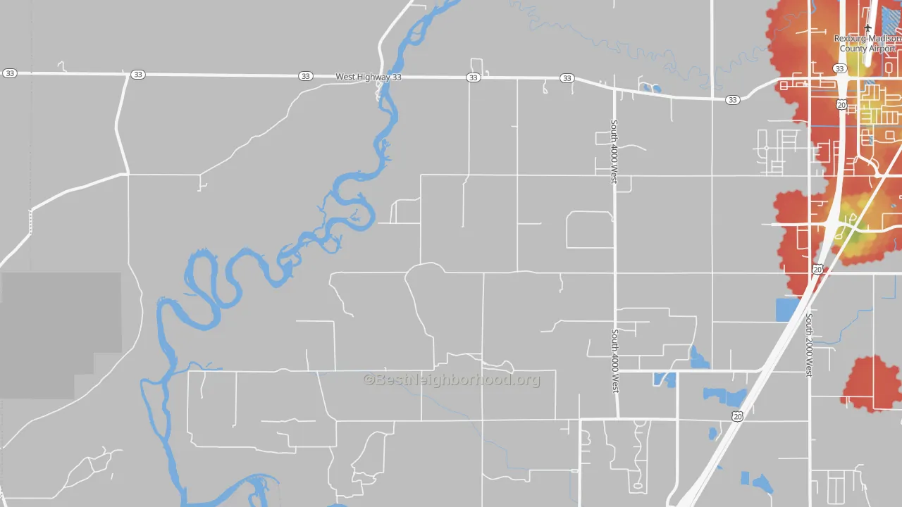 Walk Grade map of Burton, ID, walkable areas in green and car-dependent areas in red