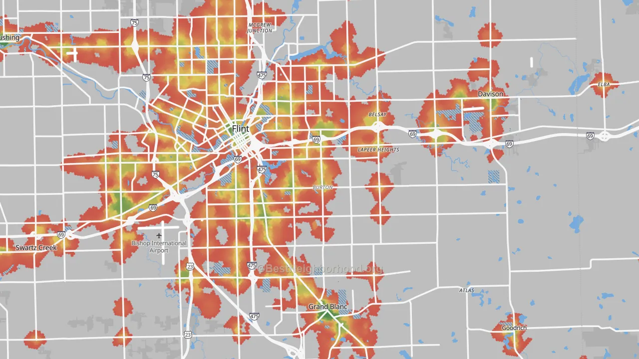 Walk Grade map of Burton, MI, walkable areas in green and car-dependent areas in red