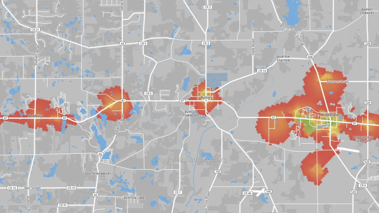 Walk Grade map of Burton, OH, walkable areas in green and car-dependent areas in red