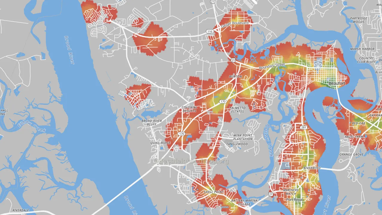 Walk Grade map of Burton, SC, walkable areas in green and car-dependent areas in red
