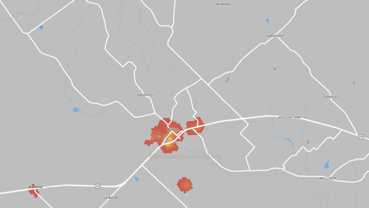 Walk Grade map of Burton, TX, walkable areas in green and car-dependent areas in red