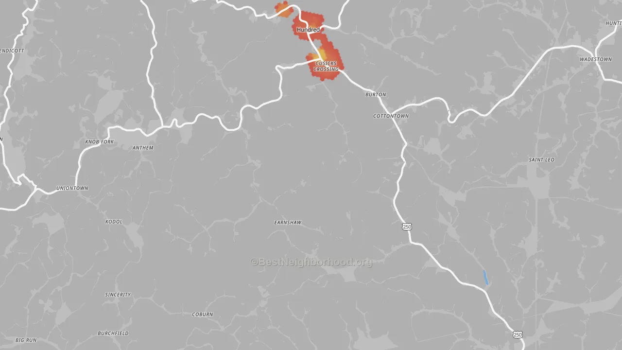 Walk Grade map of Burton, WV, walkable areas in green and car-dependent areas in red