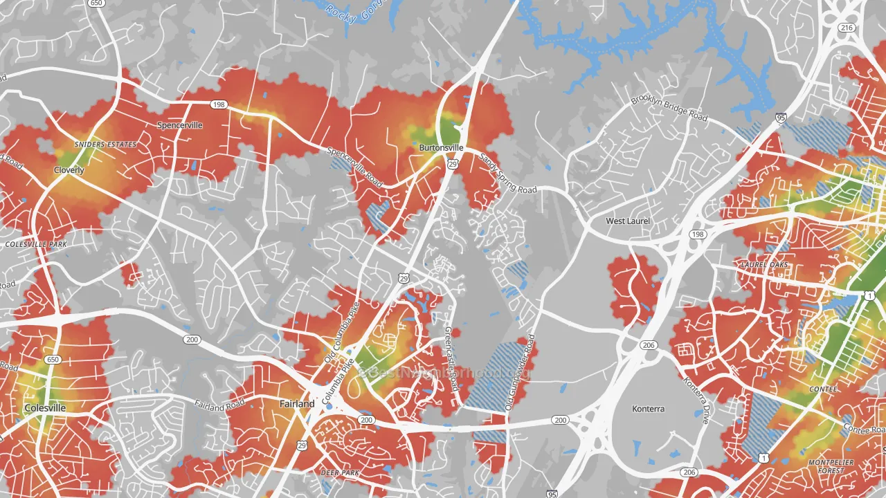 Walk Grade map of Burtonsville, MD, walkable areas in green and car-dependent areas in red