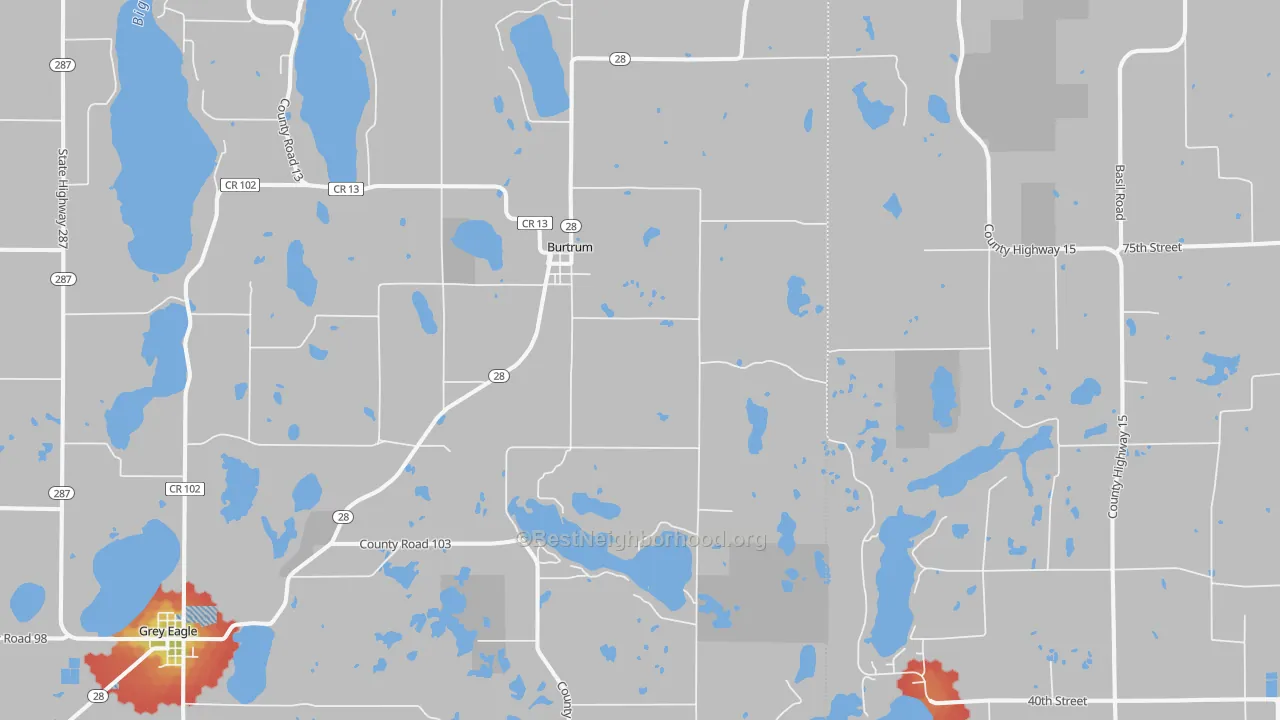 Walk Grade map of Burtrum, MN, walkable areas in green and car-dependent areas in red