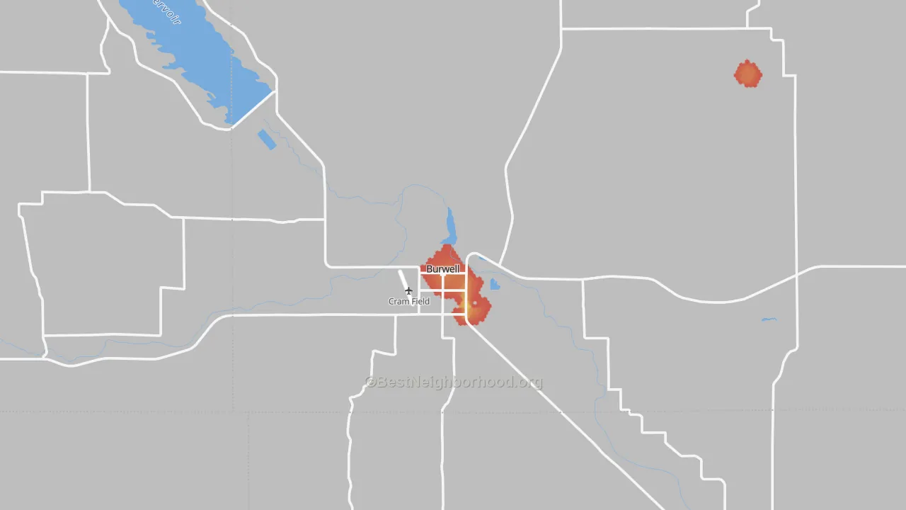 Walk Grade map of Burwell, NE, walkable areas in green and car-dependent areas in red