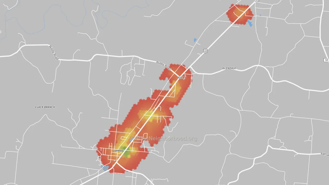 Walk Grade map of Busby, TN, walkable areas in green and car-dependent areas in red