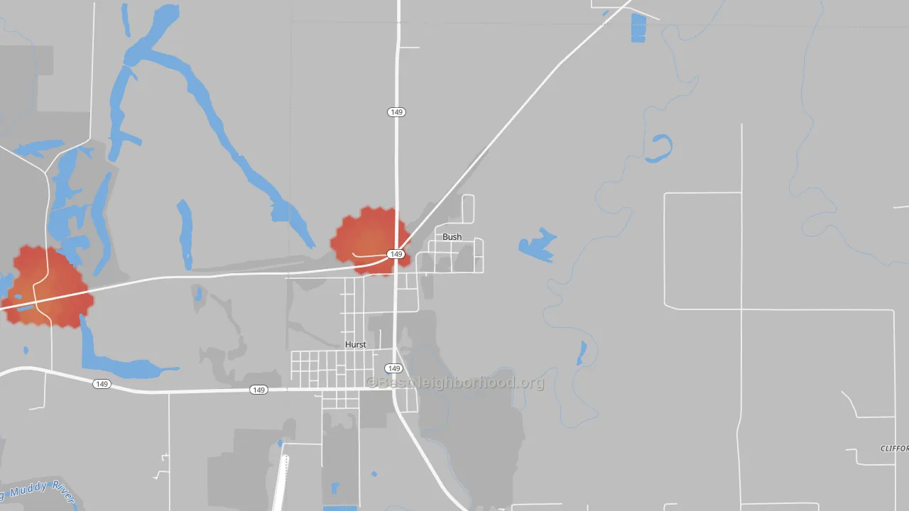 Walk Grade map of Bush, IL, walkable areas in green and car-dependent areas in red
