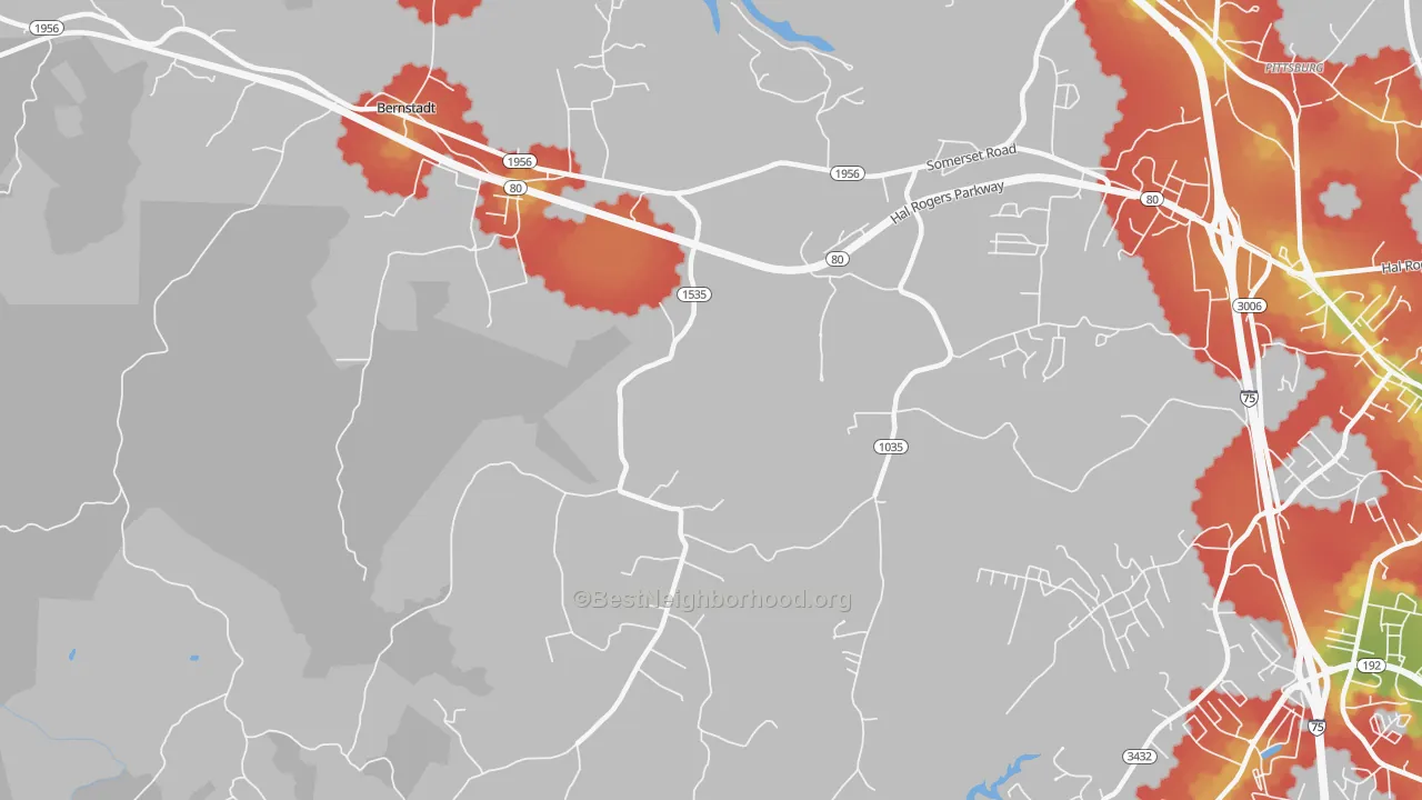 Walk Grade map of Bush, KY, walkable areas in green and car-dependent areas in red