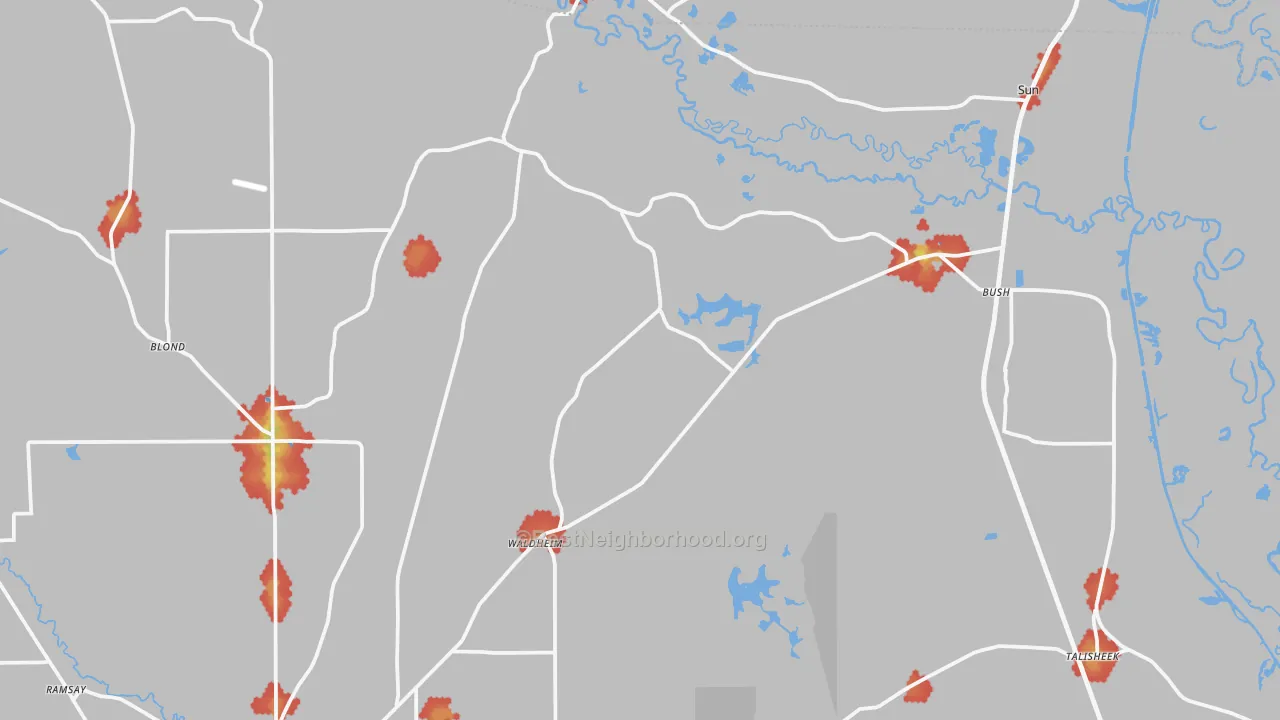 Walk Grade map of Bush, LA, walkable areas in green and car-dependent areas in red