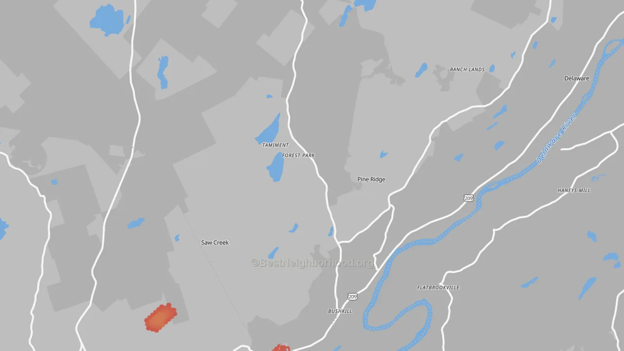 Walk Grade map of Bushkill, PA, walkable areas in green and car-dependent areas in red