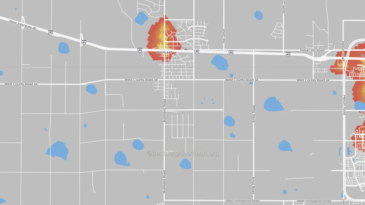 Walk Grade map of Bushland, TX, walkable areas in green and car-dependent areas in red