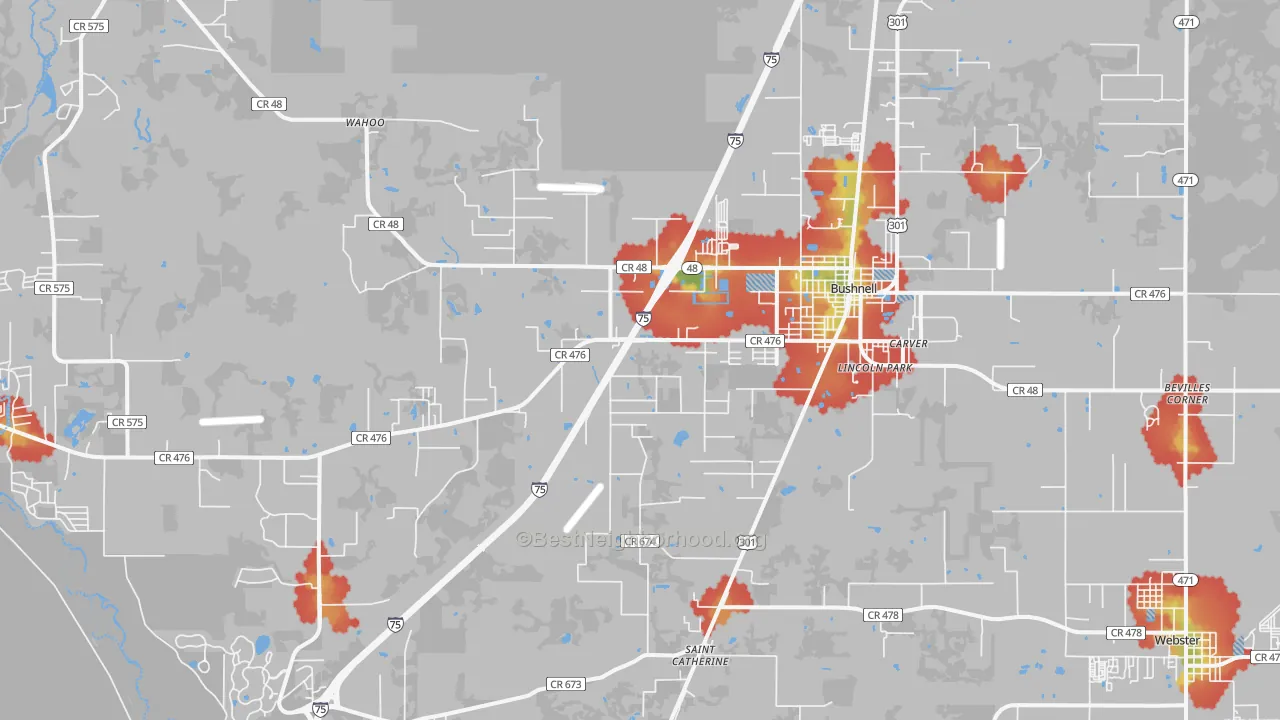 Walk Grade map of Bushnell, FL, walkable areas in green and car-dependent areas in red