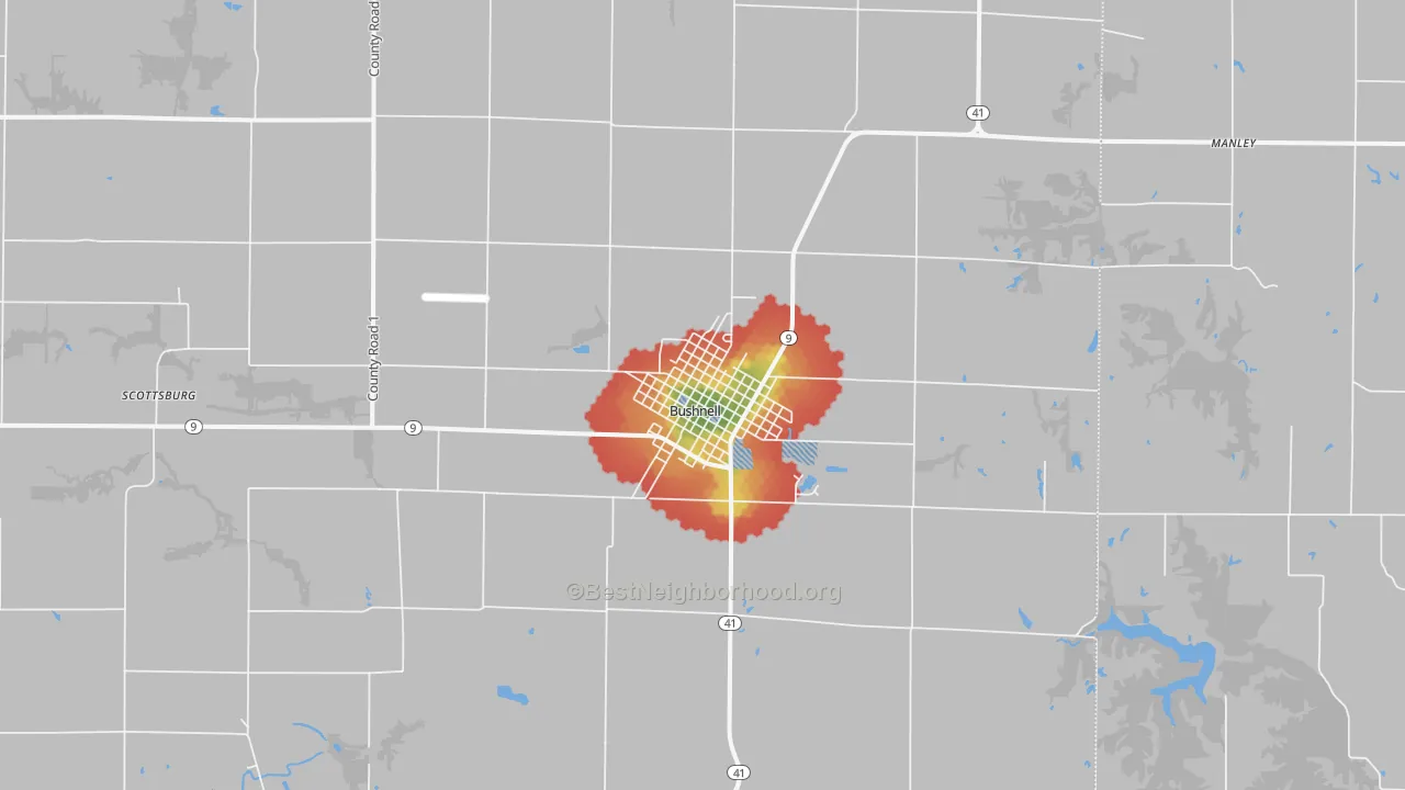 Walk Grade map of Bushnell, IL, walkable areas in green and car-dependent areas in red