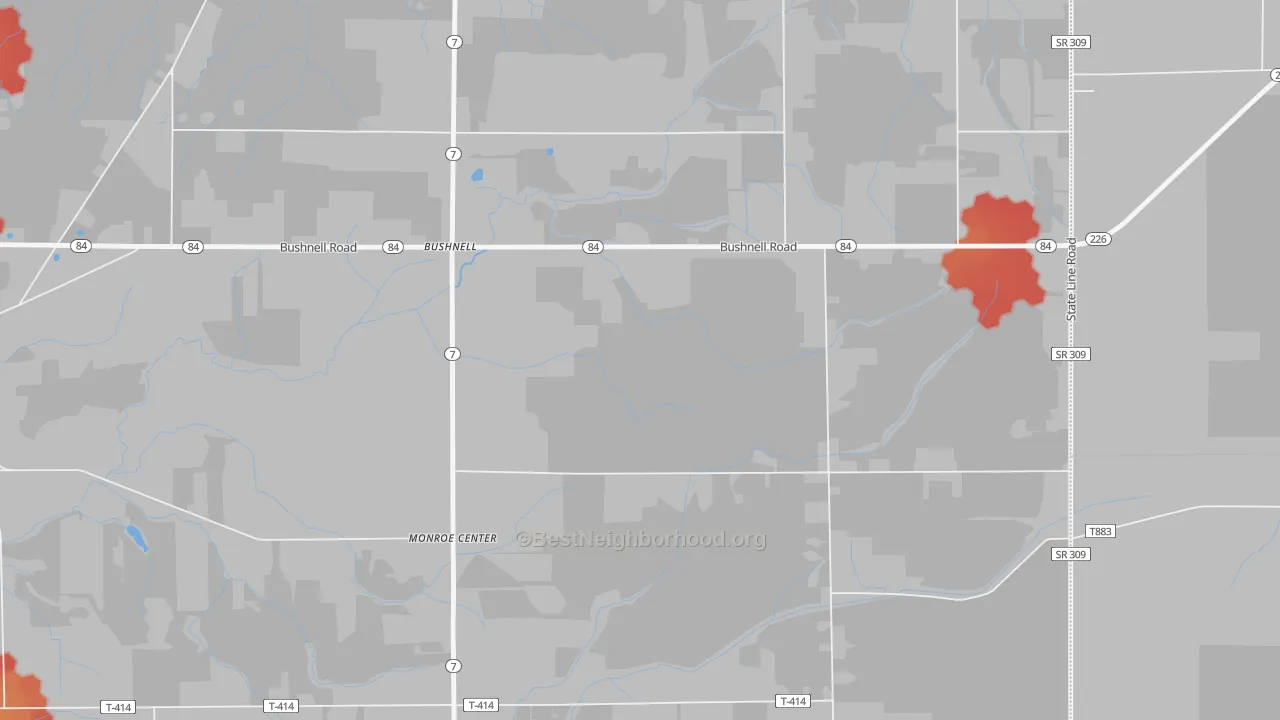 Walk Grade map of Bushnell, OH, walkable areas in green and car-dependent areas in red