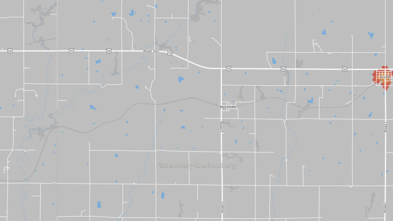 Walk Grade map of Bushong, KS, walkable areas in green and car-dependent areas in red
