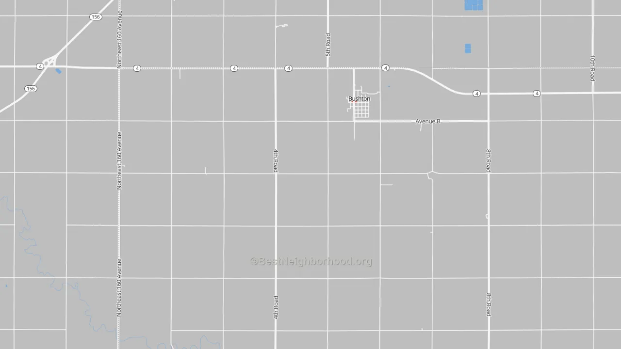 Walk Grade map of Bushton, KS, walkable areas in green and car-dependent areas in red