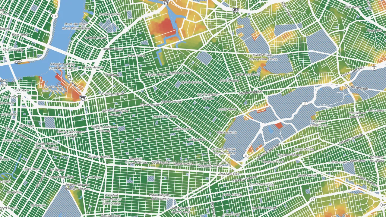 Walk Grade map of Bushwick, Brooklyn, NY, walkable areas in green and car-dependent areas in red
