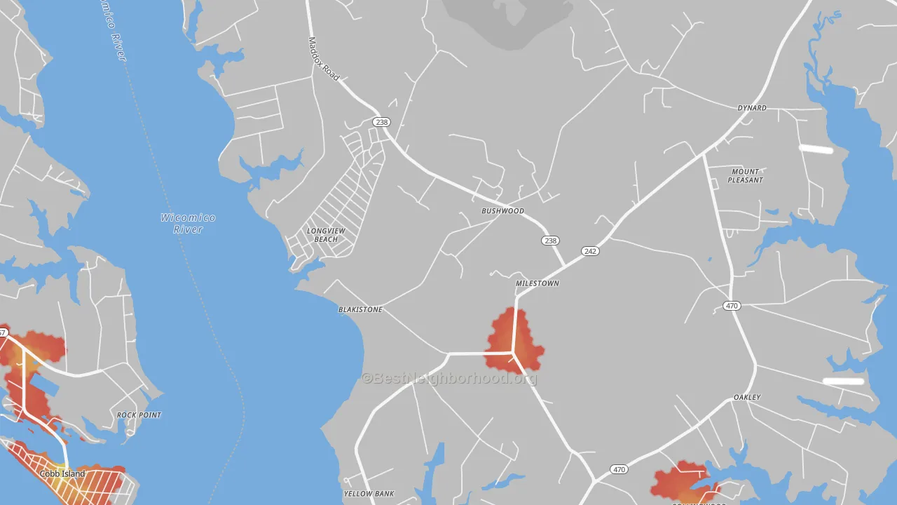 Walk Grade map of Bushwood, MD, walkable areas in green and car-dependent areas in red