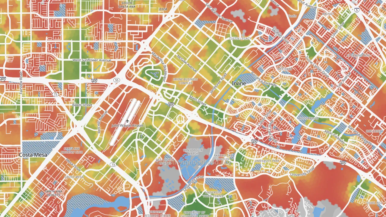 Walk Grade map of Business District, Irvine, CA, walkable areas in green and car-dependent areas in red