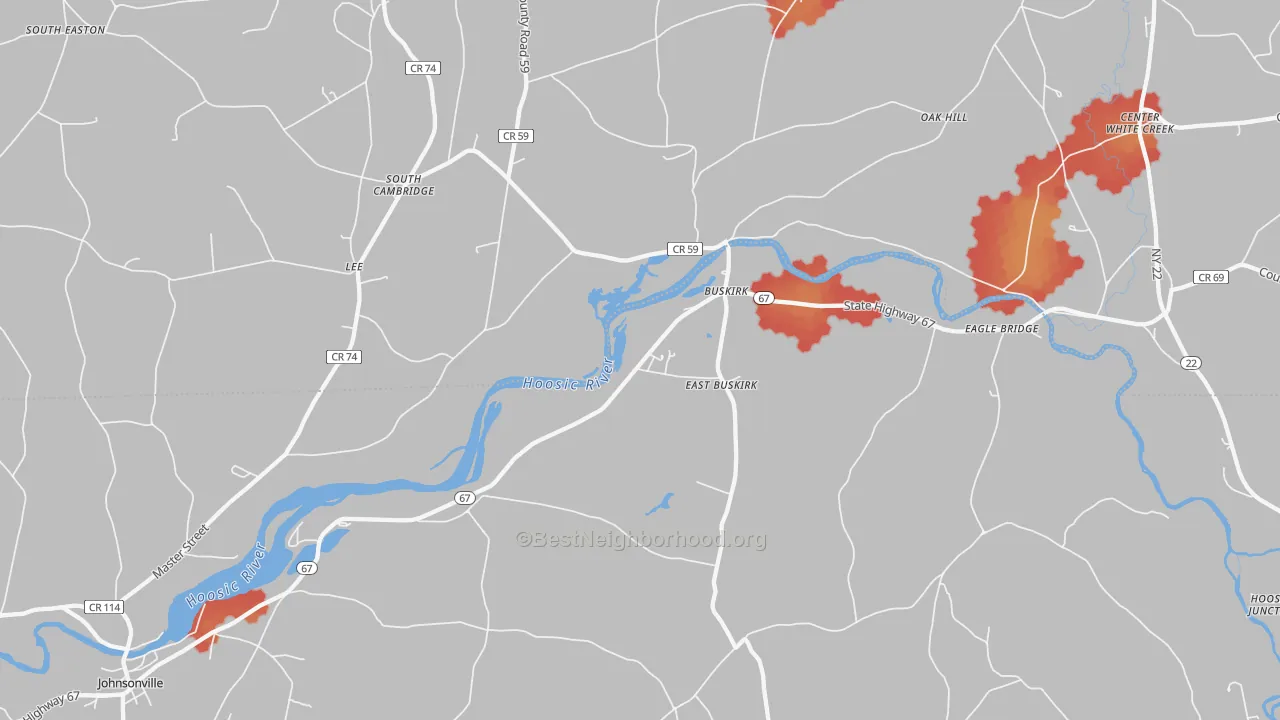 Walk Grade map of Buskirk, NY, walkable areas in green and car-dependent areas in red