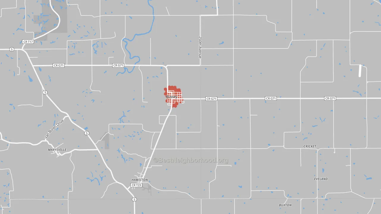 Walk Grade map of Bussey, IA, walkable areas in green and car-dependent areas in red