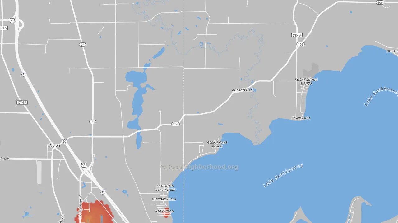 Walk Grade map of Busseyville, WI, walkable areas in green and car-dependent areas in red