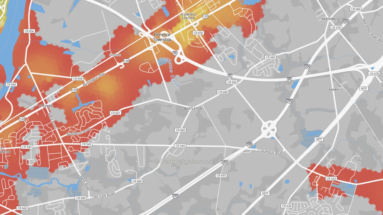 Walk Grade map of Bustleton, NJ, walkable areas in green and car-dependent areas in red