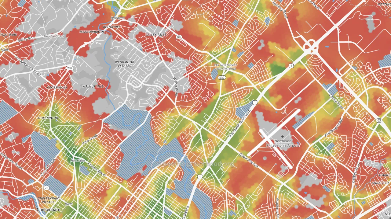 Walk Grade map of Bustleton, Philadelphia, PA, walkable areas in green and car-dependent areas in red